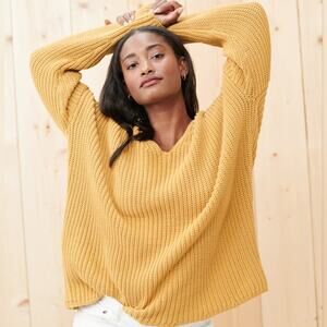 Jenni Kayne Mustard Yellow Gold Cotton Cabin Knit Casual Comfy Sweater Size XXS